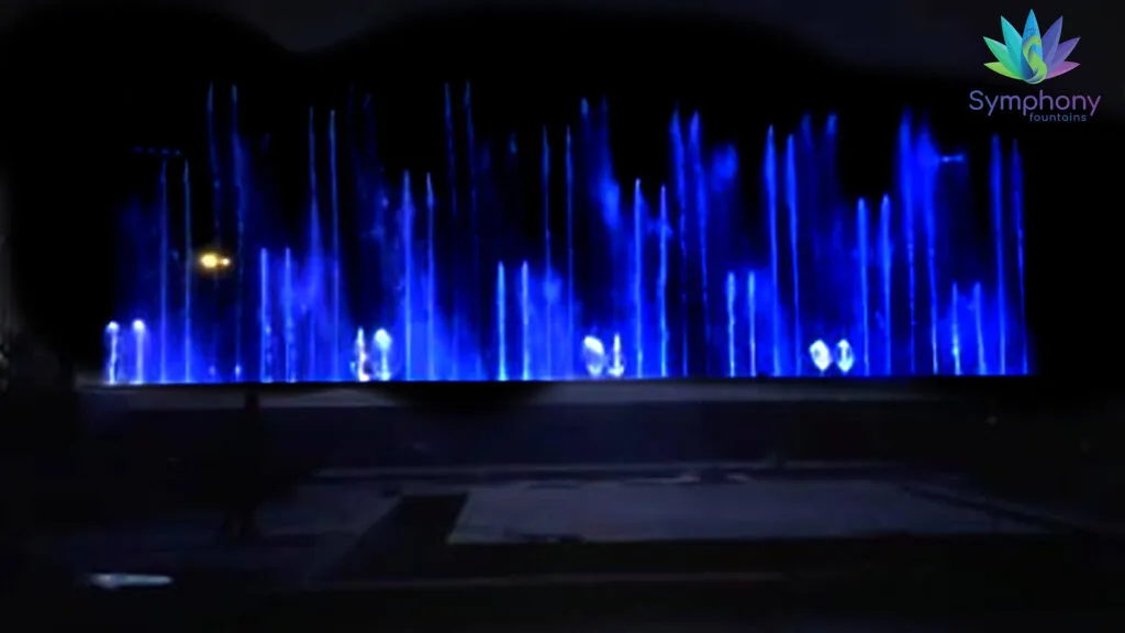 Dancing fountain with chasing jets and mist at BKT Tires, Bhuj
